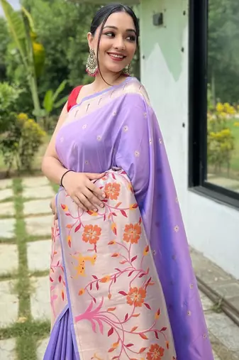 Lavender silk blend saree with meenakari motifs