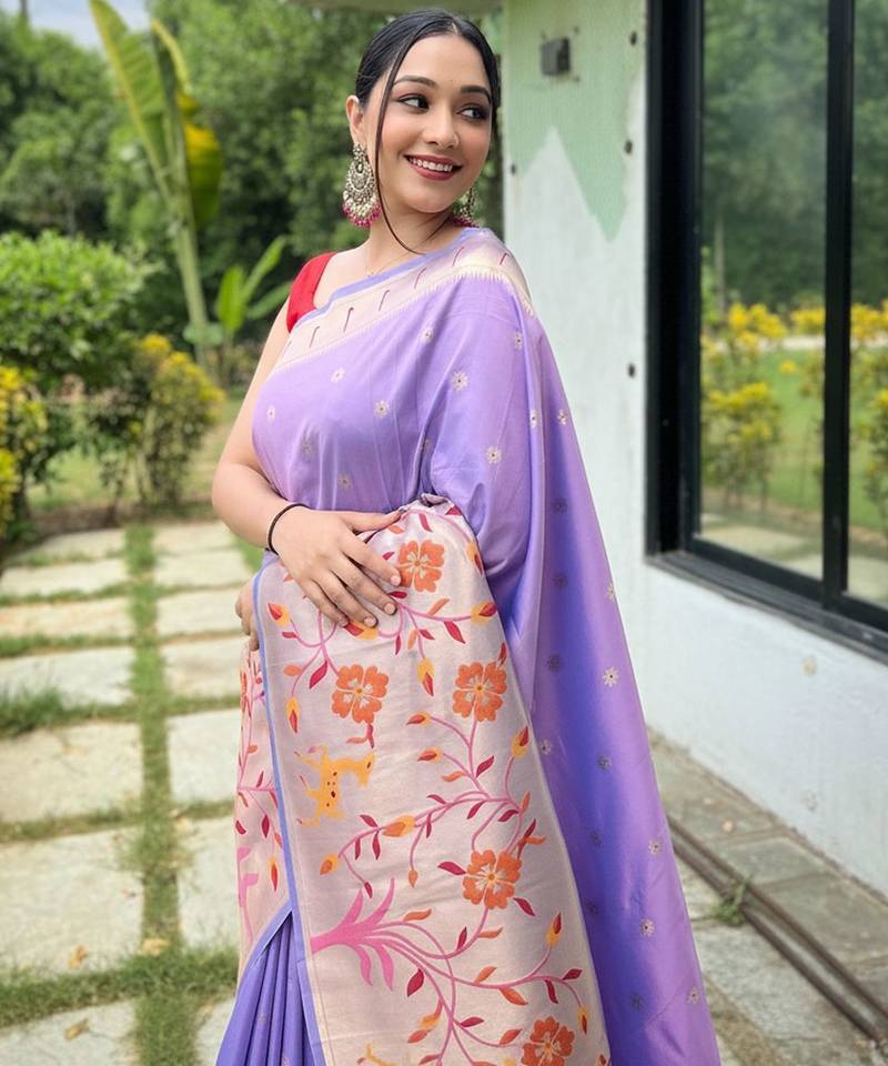 Lavender silk blend saree with meenakari motifs