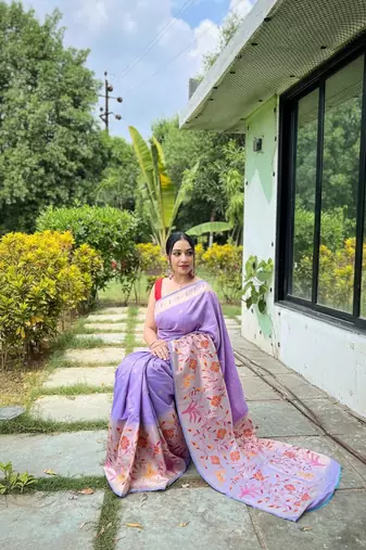 Lavender silk blend saree with meenakari motifs