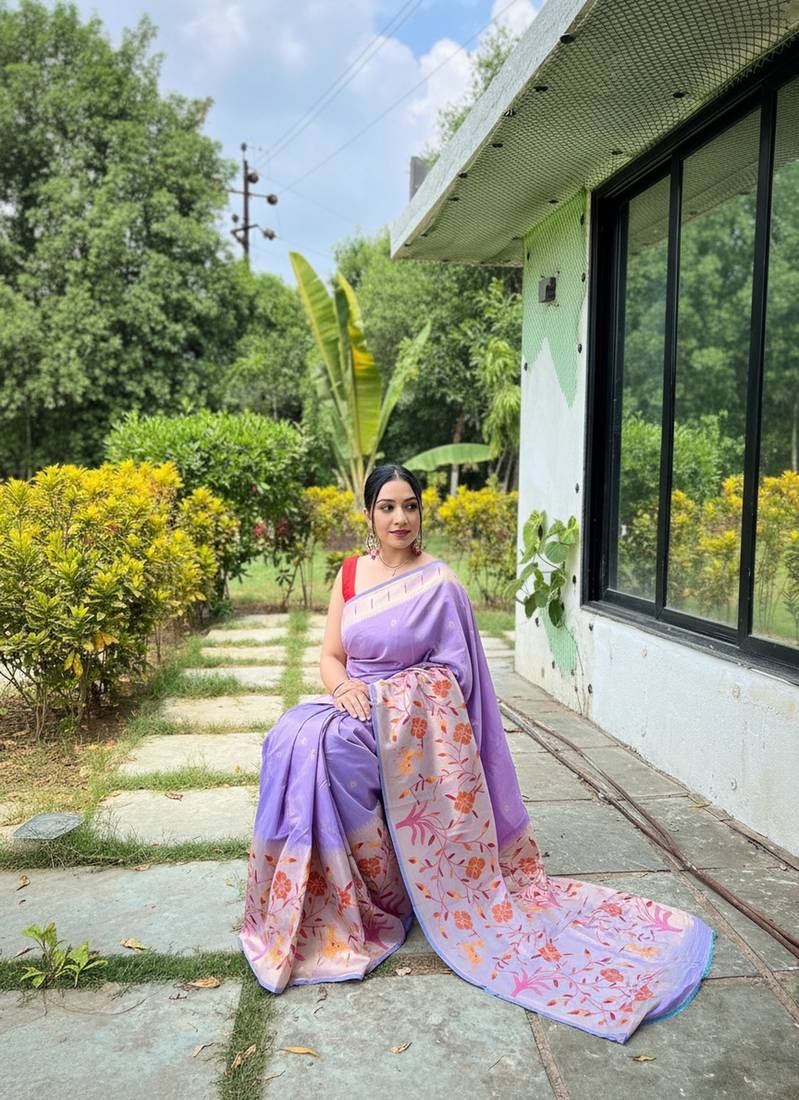 Lavender silk blend saree with meenakari motifs