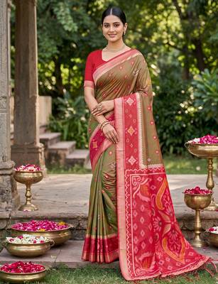 Mehandi color soft silk fabric woven designer partywear saree 1