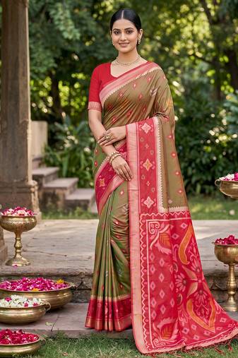 Mehandi color soft silk fabric woven designer partywear saree