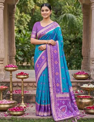 Teal blue color soft silk fabric woven designer partywear saree 1