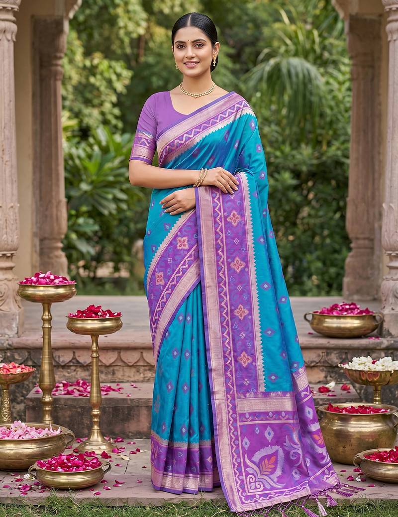 Teal blue color soft silk fabric woven designer partywear saree