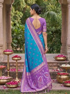 Teal blue color soft silk fabric woven designer partywear saree 2