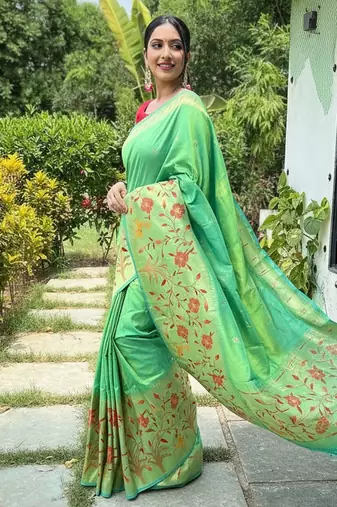 Lemon silk blend saree with meenakari motifs