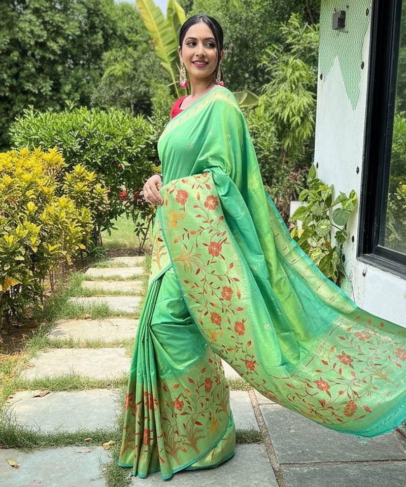 Lemon silk blend saree with meenakari motifs