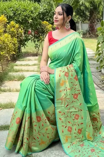 Lemon silk blend saree with meenakari motifs