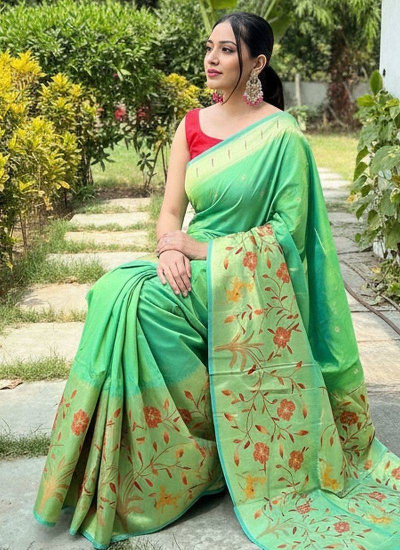Lemon silk blend saree with meenakari motifs