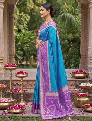 Teal blue color soft silk fabric woven designer partywear saree 4