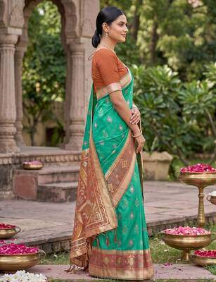 Rama green color soft silk fabric woven designer partywear saree 4
