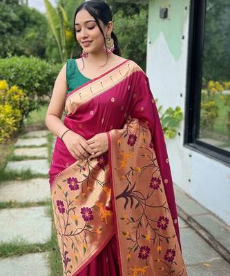 Maroon silk blend saree with meenakari motifs 2