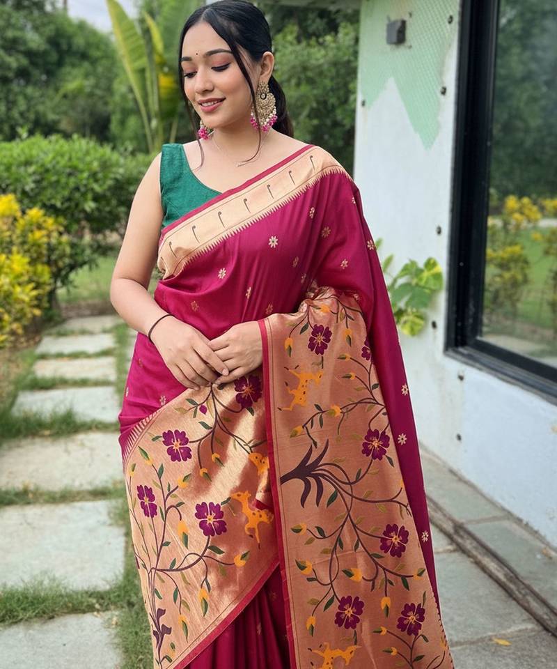 Maroon silk blend saree with meenakari motifs