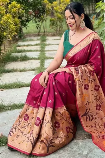 Maroon silk blend saree with meenakari motifs