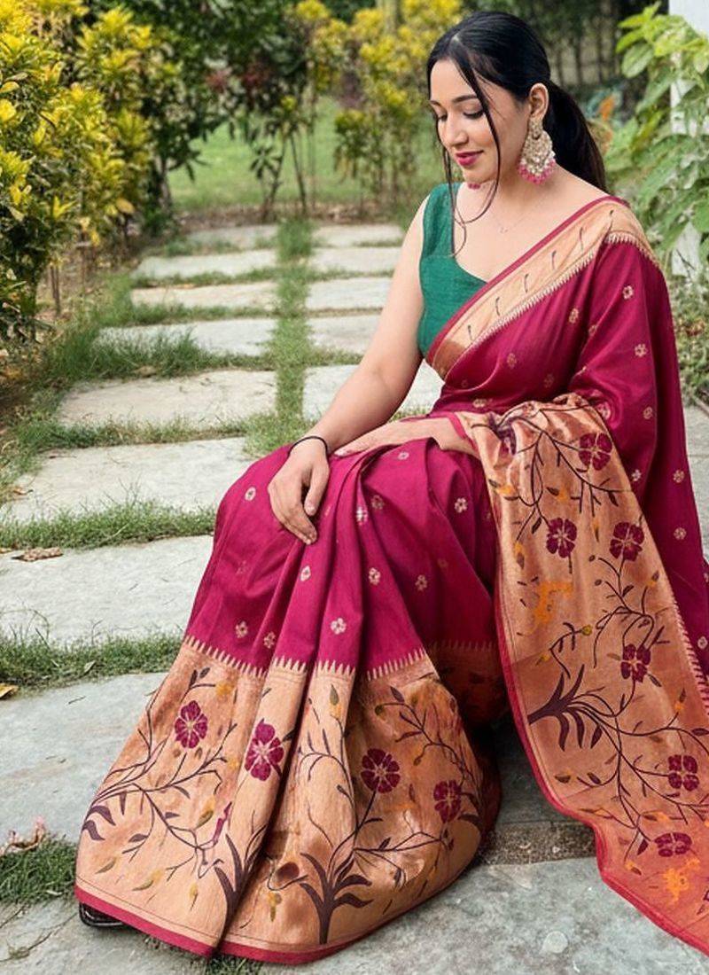 Maroon silk blend saree with meenakari motifs