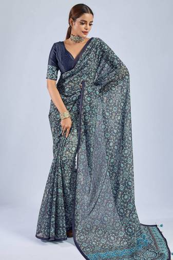 Blue color stylish ajrak printed traditional chiffon fabric saree