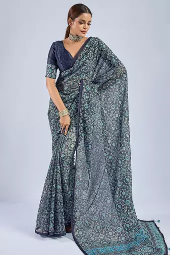 Blue color stylish ajrak printed traditional chiffon fabric saree