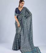 Blue color stylish ajrak printed traditional chiffon fabric saree