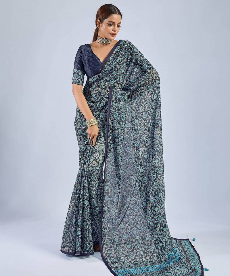 Blue color stylish ajrak printed traditional chiffon fabric saree