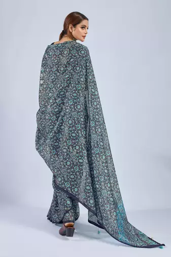 Blue color stylish ajrak printed traditional chiffon fabric saree