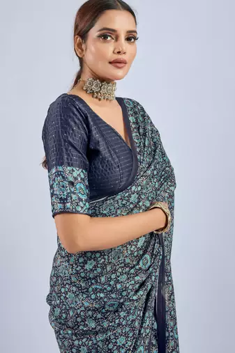 Blue color stylish ajrak printed traditional chiffon fabric saree