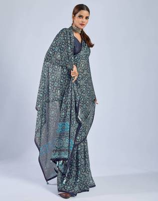 Blue color stylish ajrak printed traditional chiffon fabric saree 4