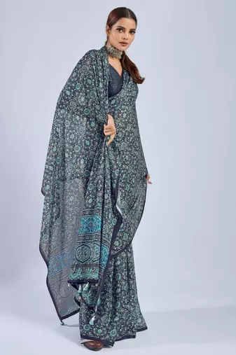 Blue color stylish ajrak printed traditional chiffon fabric saree