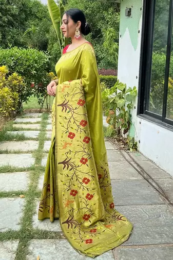 Pista silk blend saree with meenakari motifs