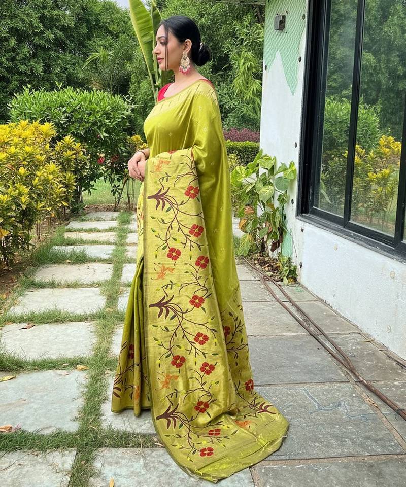 Pista silk blend saree with meenakari motifs