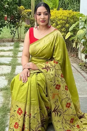 Pista silk blend saree with meenakari motifs