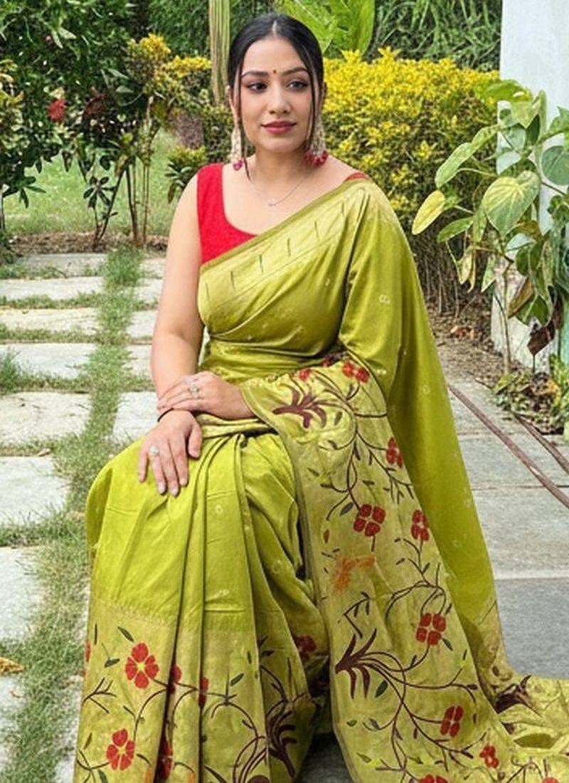 Pista silk blend saree with meenakari motifs