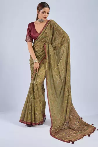 Mustard color stylish ajrak printed traditional chiffon fabric saree
