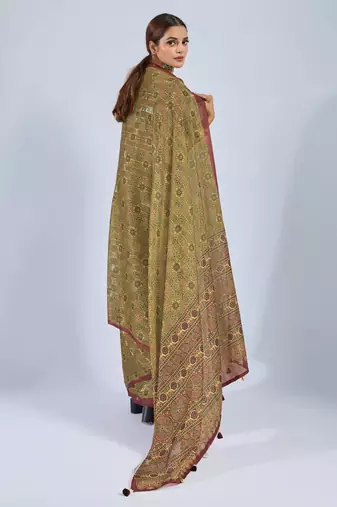 Mustard color stylish ajrak printed traditional chiffon fabric saree