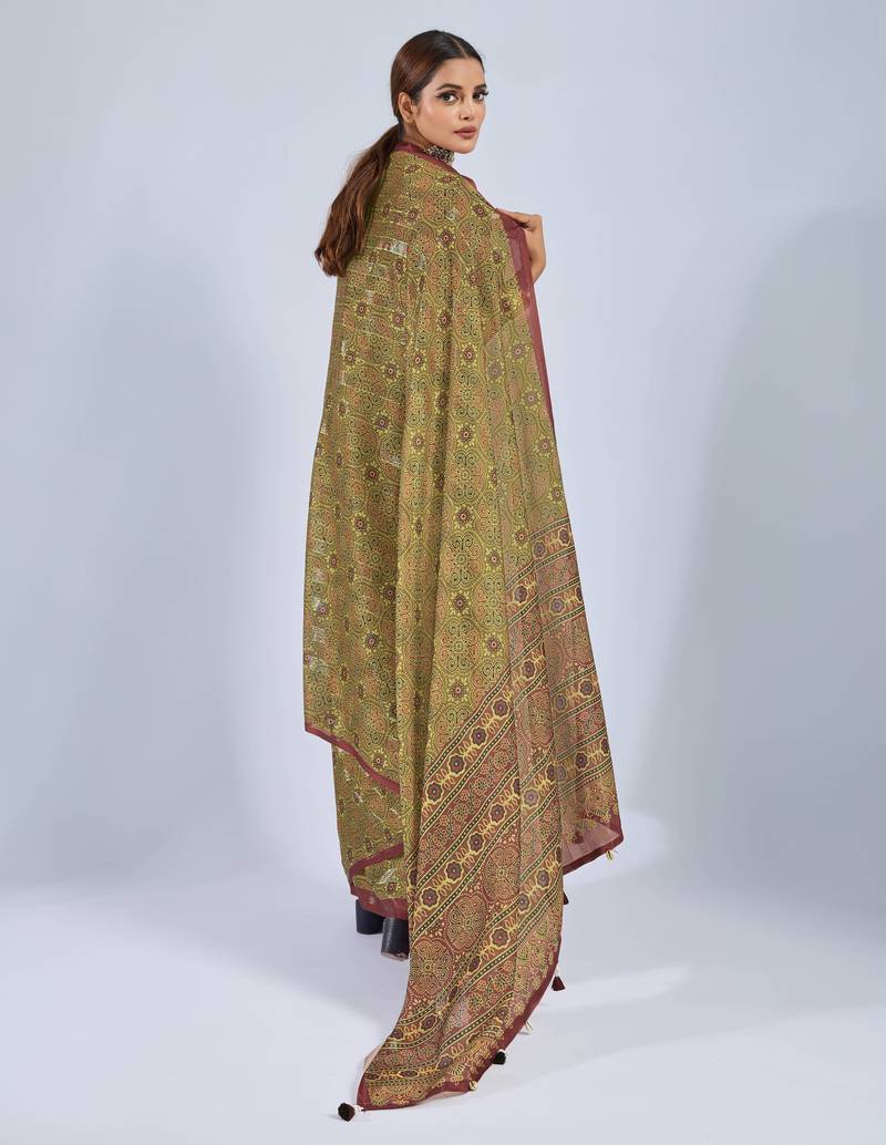 Mustard color stylish ajrak printed traditional chiffon fabric saree