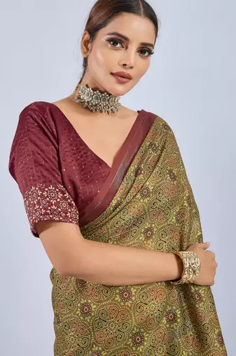 Mustard color stylish ajrak printed traditional chiffon fabric saree