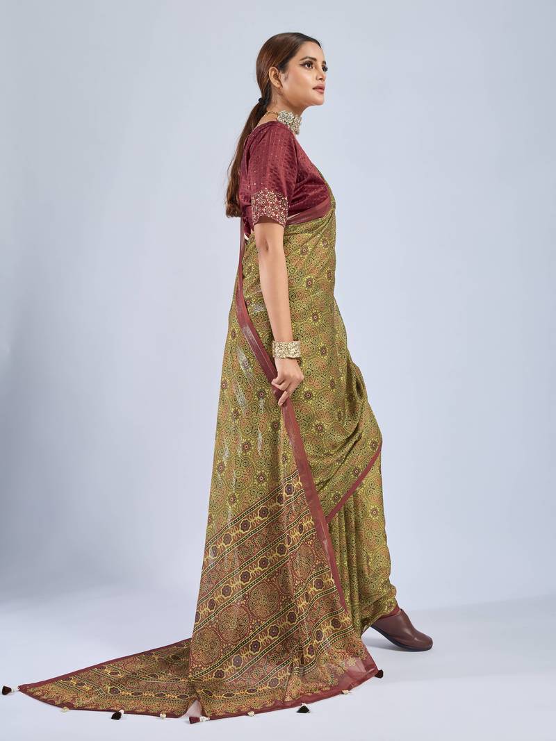Mustard color stylish ajrak printed traditional chiffon fabric saree