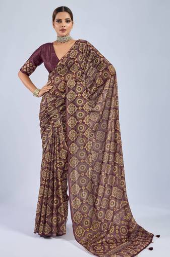 Maroon color stylish ajrak printed traditional chiffon fabric saree