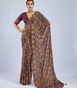 Maroon color stylish ajrak printed traditional chiffon fabric saree