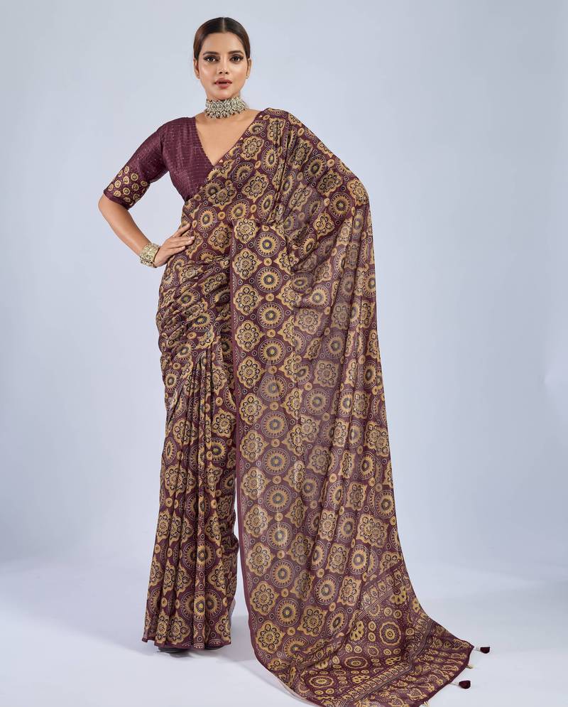 Maroon color stylish ajrak printed traditional chiffon fabric saree