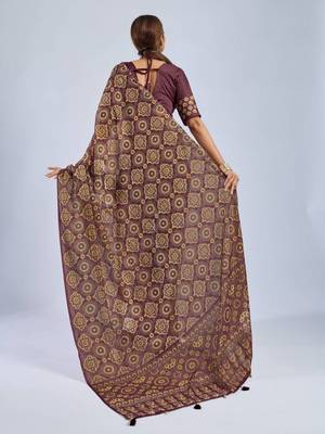 Maroon color stylish ajrak printed traditional chiffon fabric saree 2