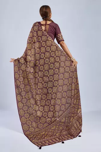Maroon color stylish ajrak printed traditional chiffon fabric saree