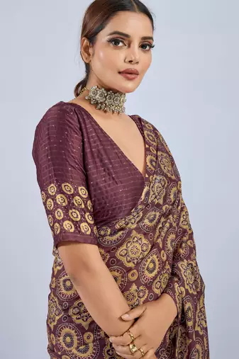 Maroon color stylish ajrak printed traditional chiffon fabric saree
