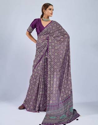 Purple color stylish ajrak printed traditional chiffon fabric saree 1