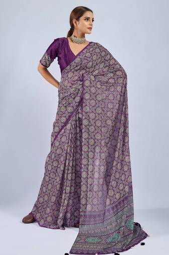 Purple color stylish ajrak printed traditional chiffon fabric saree