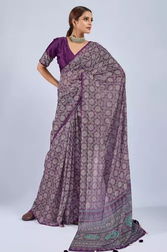 Purple color stylish ajrak printed traditional chiffon fabric saree