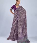 Purple color stylish ajrak printed traditional chiffon fabric saree