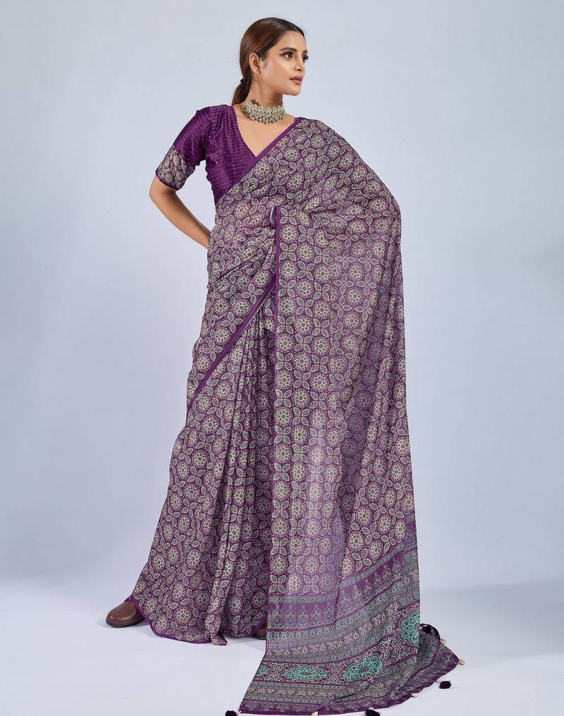 Purple color stylish ajrak printed traditional chiffon fabric saree