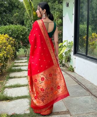 Red silk blend saree with meenakari motifs 2