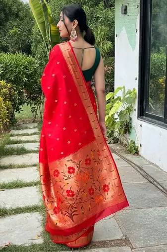 Red silk blend saree with meenakari motifs