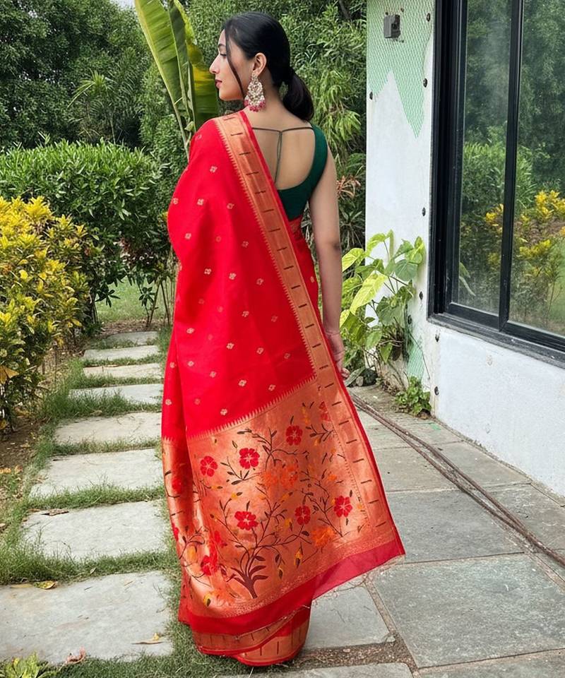 Red silk blend saree with meenakari motifs